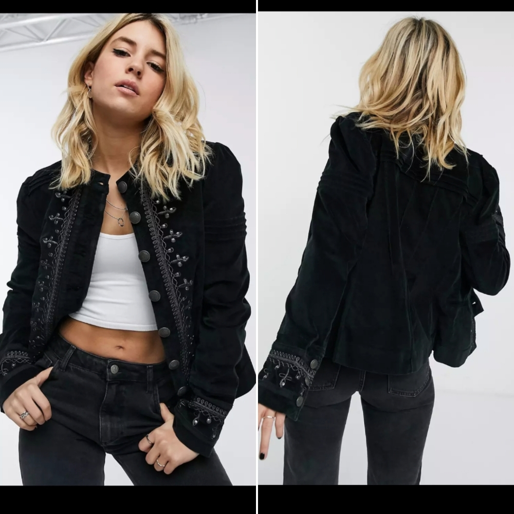 Free People 👾 Maven Black Embroidered Stretch-velvet Jacket